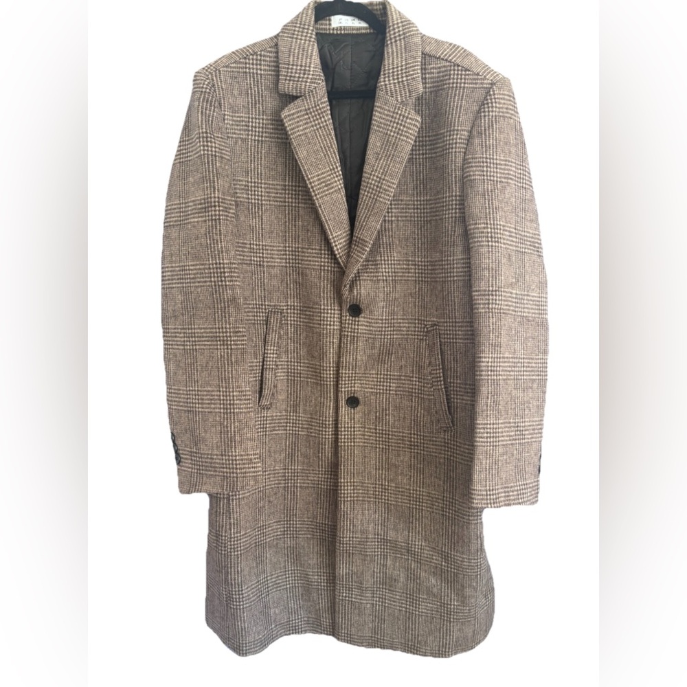 NWT Brown Plaid Mens Wool Double Breasted Mid Long Trench Coats Overcoat XL